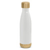 A drink bottle featuring a sleek white design with bamboo accents on the top and bottom. It has a logo.