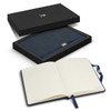 A navy blue notebook with lined pages inside a sleek black gift box. The set features a branded logo.