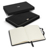 A gift set featuring a black notebook with lined pages, presented in a sleek black box. The set includes branding.