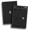 A black notebook and silver pen presented in a sleek black gift box, featuring a logo on the notebook.