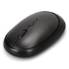 A black wireless travel mouse featuring a scroll wheel and a smooth ergonomic design. It has a logo on the surface.