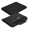 A black portfolio case with a handle, featuring a logo on the front and a flat cover.