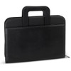 A black portfolio case with a top handle and a smooth finish, featuring an exterior pocket.