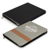 A grey and black portfolio with a brown strap and branding, featuring a sleek design and zippered closure.