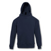A navy hooded sweatshirt featuring a front pocket and a logo.