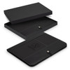 A black portfolio with a logo, displayed inside an open black box, showcasing its elegant design.