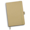 A kraft notebook with a rubber band closure, featuring a beige cover and a bookmark ribbon.