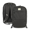 A dark green backpack with padded shoulder straps and a front zip pocket. It features a logo on the front.