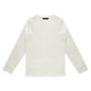 A white long sleeve crew shirt with a simple design and a logo on the label.