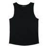 A black men's tank top with a simple design and a branded label.