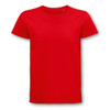 A red organic T-shirt with a crew neck and short sleeves, featuring a branding logo.