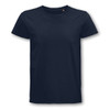 A navy organic cotton men's t-shirt with a classic crew neck and short sleeves. Features a logo on the label.