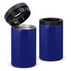 A drink bottle in a deep blue colour, featuring a black lid and a sleek design, with one bottle top off.