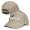 A beige cap featuring a logo on the front and an adjustable strap at the back.