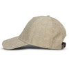 A beige cap with a textured fabric, featuring a back strap and an adjustable closure. It has a logo.
