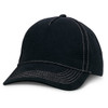 A black cap with white stitching and a curved visor, featuring a logo on the front.