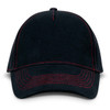 A black cap with red stitching, featuring a curved brim and a logo on the front.