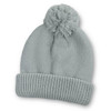 A soft grey beanie with a pom-pom on top and a ribbed cuff, featuring a logo.