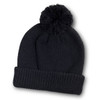 A black beanie with a textured pattern and a fluffy pom-pom on top, featuring a ribbed cuff.