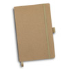 A brown notebook with a green elastic band closure, featuring a fabric ribbon bookmark and a simple design.