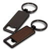 A drink bottle opener key ring with a sleek black metal finish and a wooden inlay on one side. Features a logo.