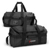 Aquinas 50L duffle bag in black with dual handles and a front pocket, featuring a logo on one side.