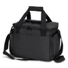 A dark grey cooler bag with a zippered top, adjustable shoulder strap, and sturdy handles. Features a logo.