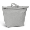 A grey cooler bag with a foldover top and a single exterior pocket, featuring a sturdy handle.
