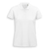 A white women's polo shirt featuring a collared neckline and short sleeves, with a subtle logo on the chest.