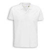 A white men's polo shirt featuring short sleeves and a collar, with a logo on the chest.