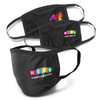 Three black reusable 3-ply cotton face masks featuring colourful logos, arranged with one mask in front.