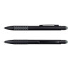 A stylus pen in black with a textured grip and a smooth finish, featuring a logo.