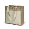 A tote bag in beige and brown, featuring sturdy handles and a button closure, with a logo on the front.