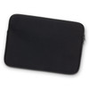 A black laptop sleeve with a zip closure and a smooth exterior, featuring a subtle logo.