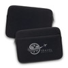 A black laptop sleeve featuring a logo on one side, designed to protect devices.