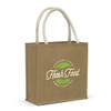 A tan jute tote bag with natural fibre handles and a logo featuring green leaves and text.
