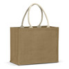 A jute tote bag in a natural brown colour with cream-coloured handles and a simple design.