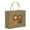 A jute tote bag in a natural brown colour with cream handles and a logo on the front.