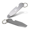 A stainless steel key ring bottle and paint tin opener with a simple design and a logo.