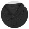 A black denim button-up shirt featuring a collar and front button placket. It has a label indicating medium size.