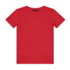 A plain red youth t-shirt with a crew neck and short sleeves, featuring a small logo.