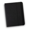 A black tablet case with a textured surface and a black elastic strap, featuring a logo.
