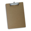 A brown clipboard made of hardboard with a metal clip at the top for holding papers.