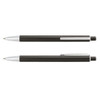 A metal pen in black with silver accents and a textured grip, featuring a logo on the barrel.