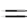 A metal pen set in black with silver accents and a textured grip, featuring a logo on the pen body.