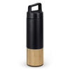 A drink bottle featuring a black top section and a bamboo lower section, with a sturdy handle and a logo.