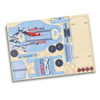 A wooden model kit featuring an airport layout with planes and various structures, predominantly in blue and beige.