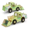 A wooden model of a wheel loader in green and natural wood tones, featuring a recycling theme and logo.