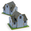 A wooden model of a house featuring a blue exterior, grey roof with shingles, and a green base. It has a logo.