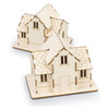 Wooden models of two houses in natural wood colour, featuring detailed roofs and windows on a base.